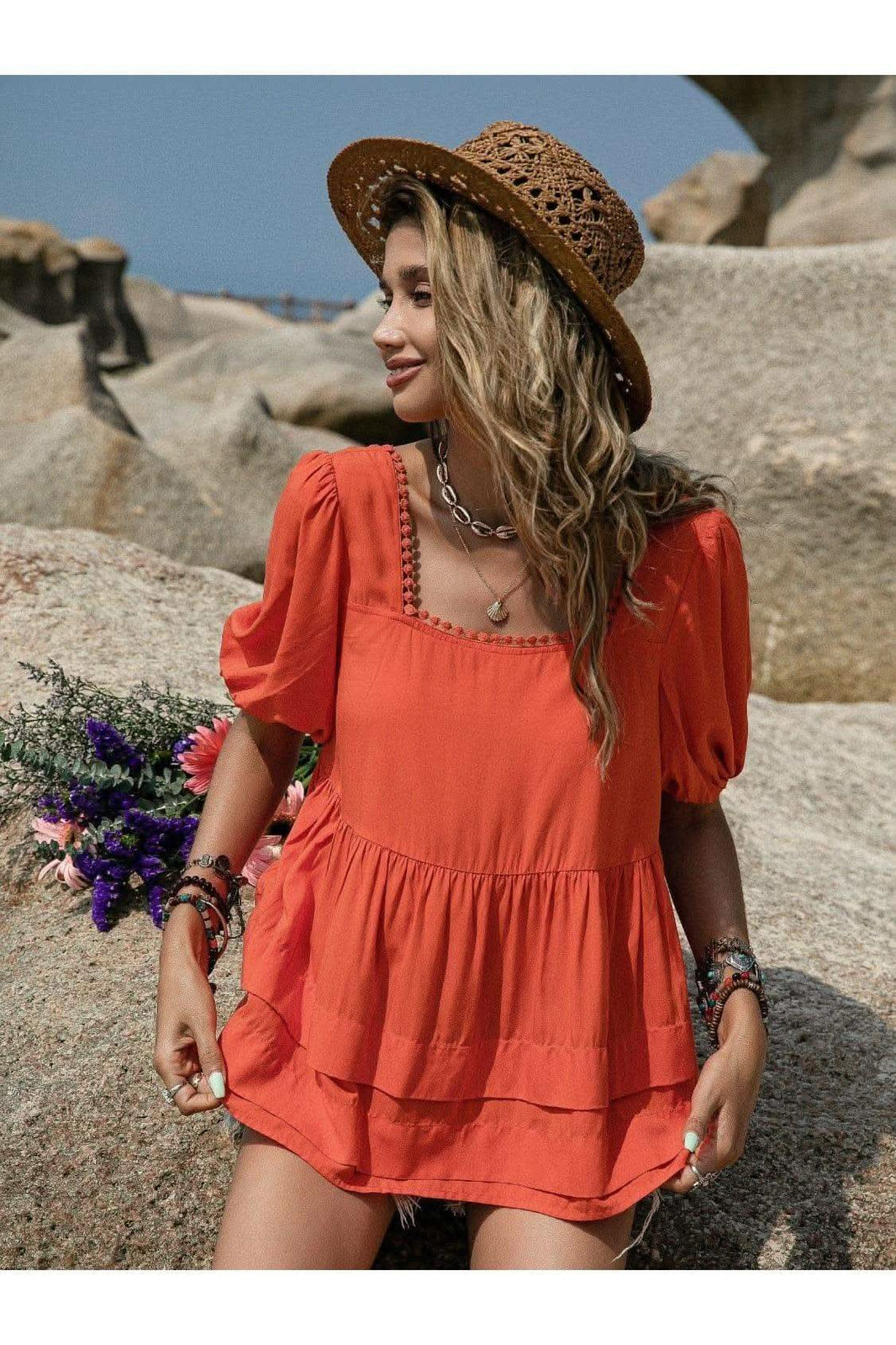 Beach Bound Peplum Square Neck Short Sleeve Blouse - SwagglyLife Home & Fashion